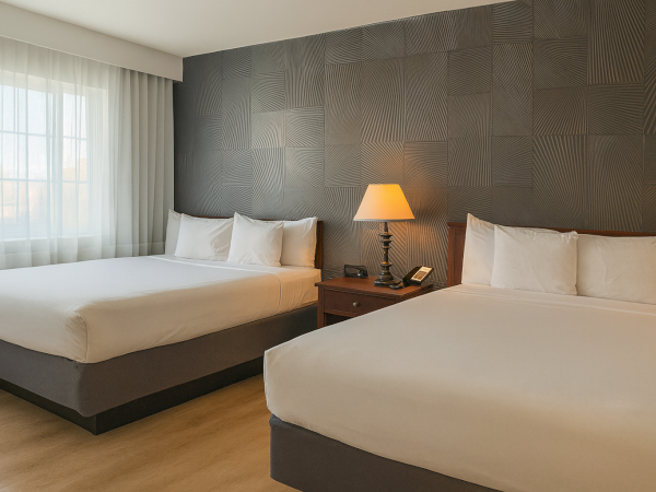 Two neatly made beds in a bright hotel room with a dark textured accent wall, a wooden nightstand, a lamp, and a window with sheer curtains.