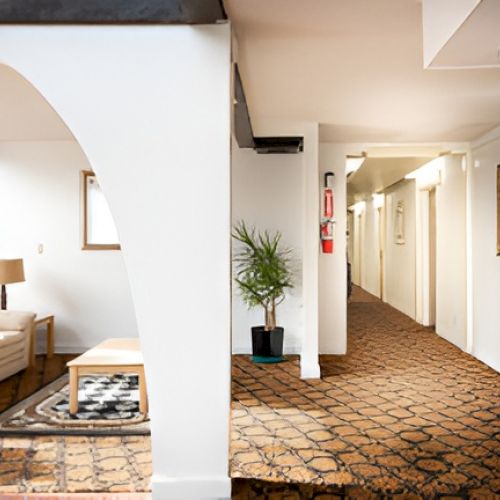 A hotel lobby with a seating area on the left, white walls, archways, a long carpeted hallway, potted plants, and a rack of brochures on the right.