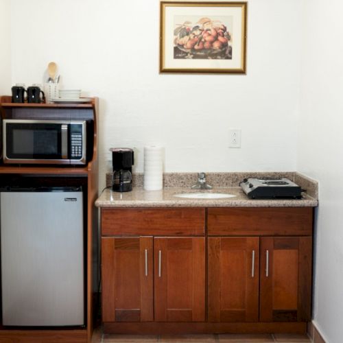 A small kitchenette with a microwave on a wooden shelf, a mini-fridge, a coffee maker, cups, a sink, and a framed picture above the counter.